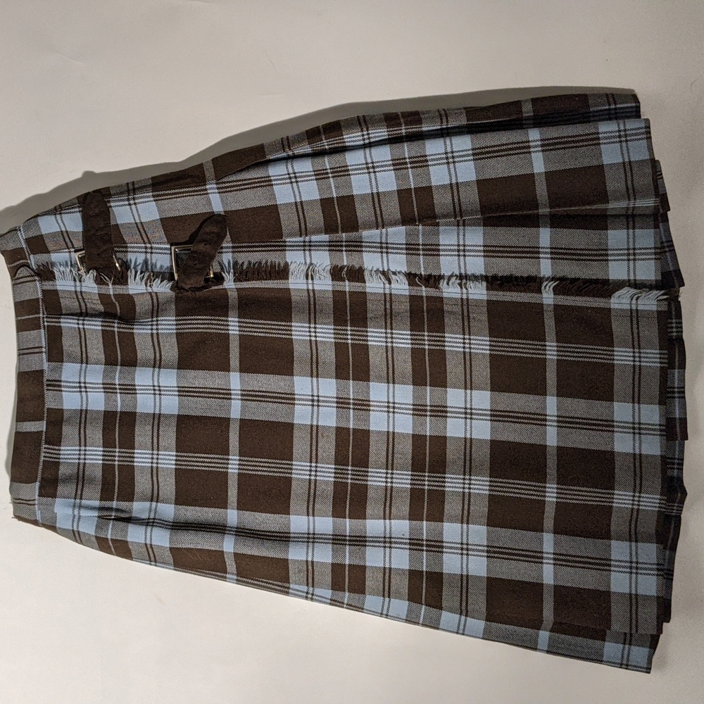 1969 Light Blue and Brown woolen Kilt, Saks Fifth. Excellent. Size 6.